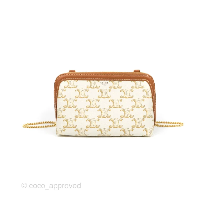 Celine Clutch With Chain Triomphe Canvas Lambskin White/Tan