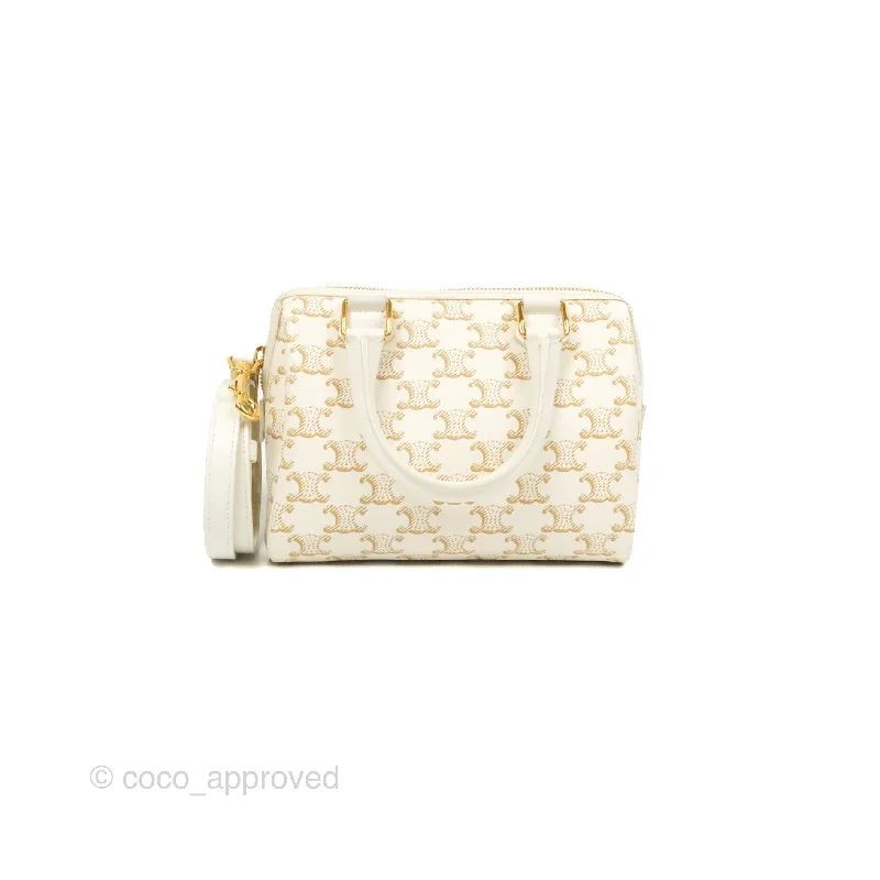 Celine Small Boston Bag White Triomphe Canvas Calfskin