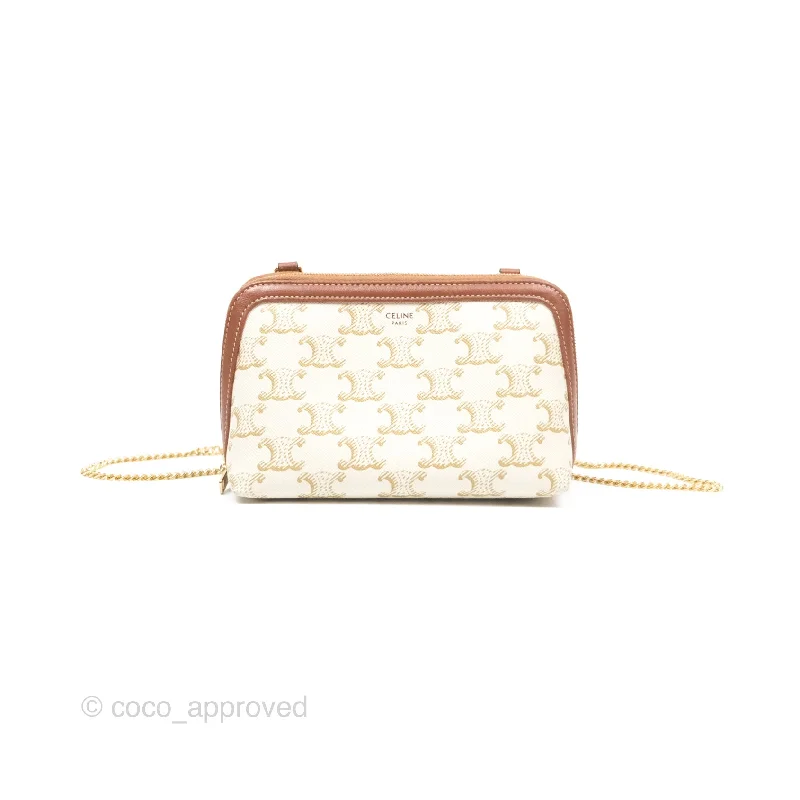 Celine Clutch With Chain Triomphe Canvas Lambskin White/Tan