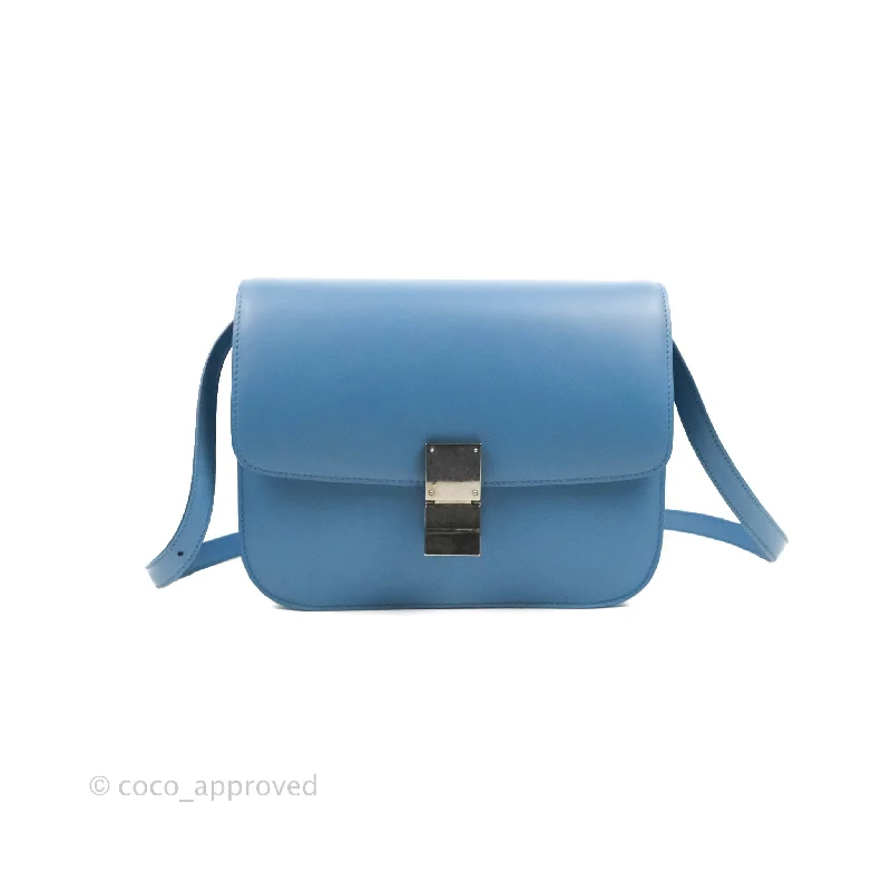 Celine Medium Classic Box Flap Blue Calfskin Silver Hardware