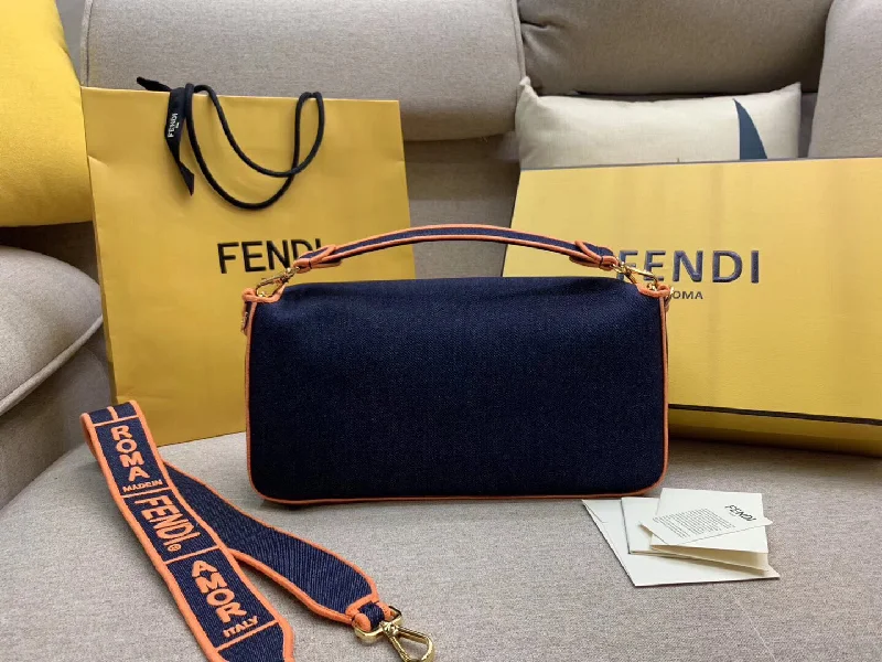 Fendi Large Baguette Bag In Blue Denim With Orange Trim