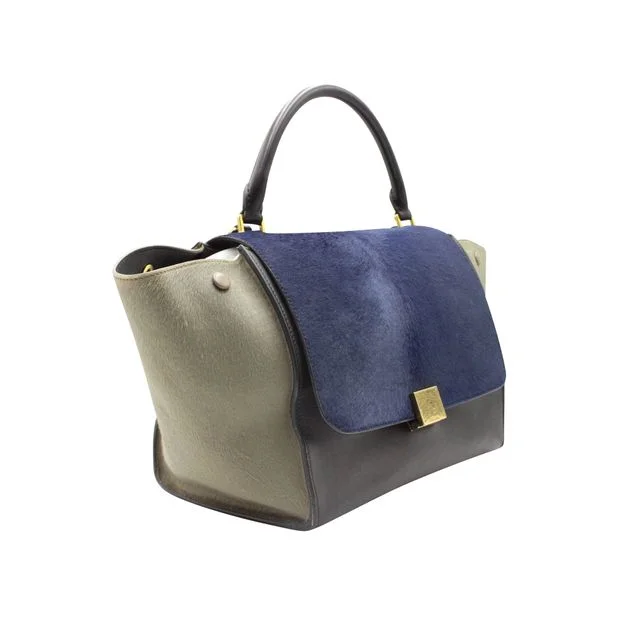 Celine Dark Blue/ Black/ Khaki Trapeze Bag In Calf Hair