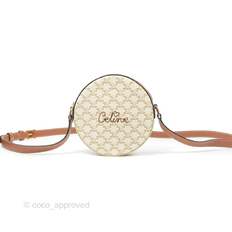 Celine Round Purse on Strap Triomphe Canvas White Tan