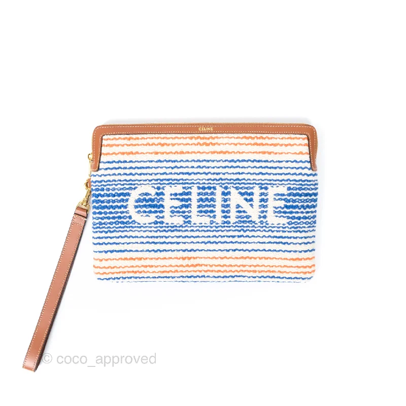 Celine Small Pouch with Strap in Striped Textile Ivory Orange Blue