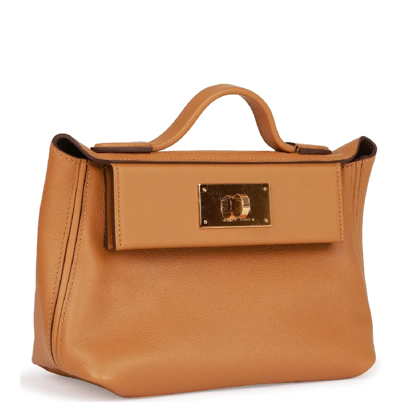 Hermes Mini 24/24 Bag Caramel Evercolor and Sesame Swift Verso Gold Hardware