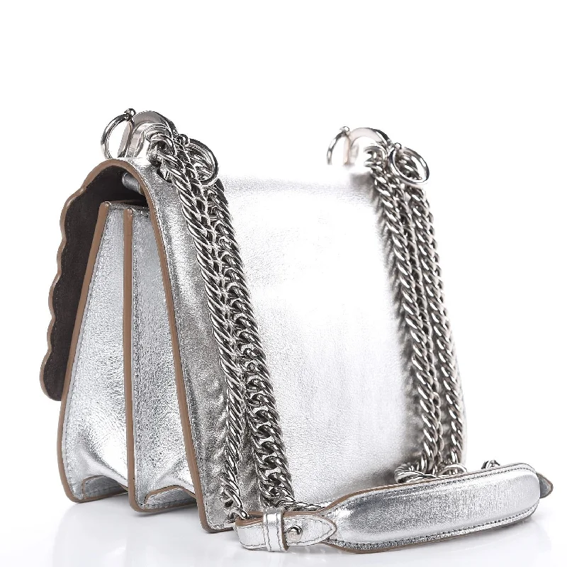 Fendi Kan I Metallic Silver Calfskin Scalloped Studded Small Shoulder Bag 8M0381