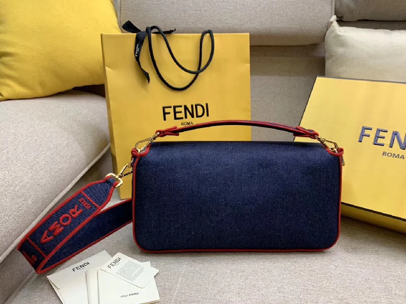 Fendi Large Baguette Bag In Blue Denim With Red Trim